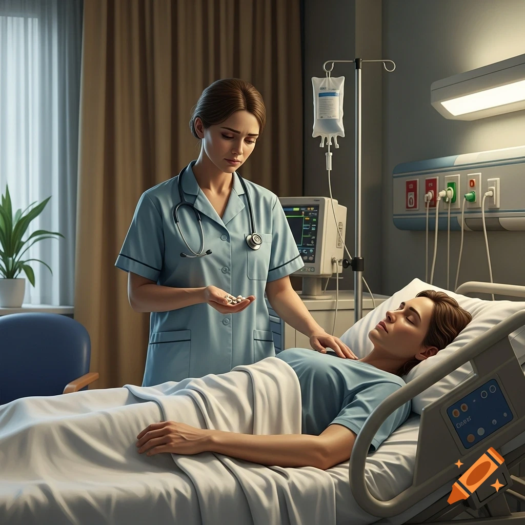 A nurse stands over a patient in a hospital bed, holding pills and gently touching the patient's shoulder. Photorealistic style.