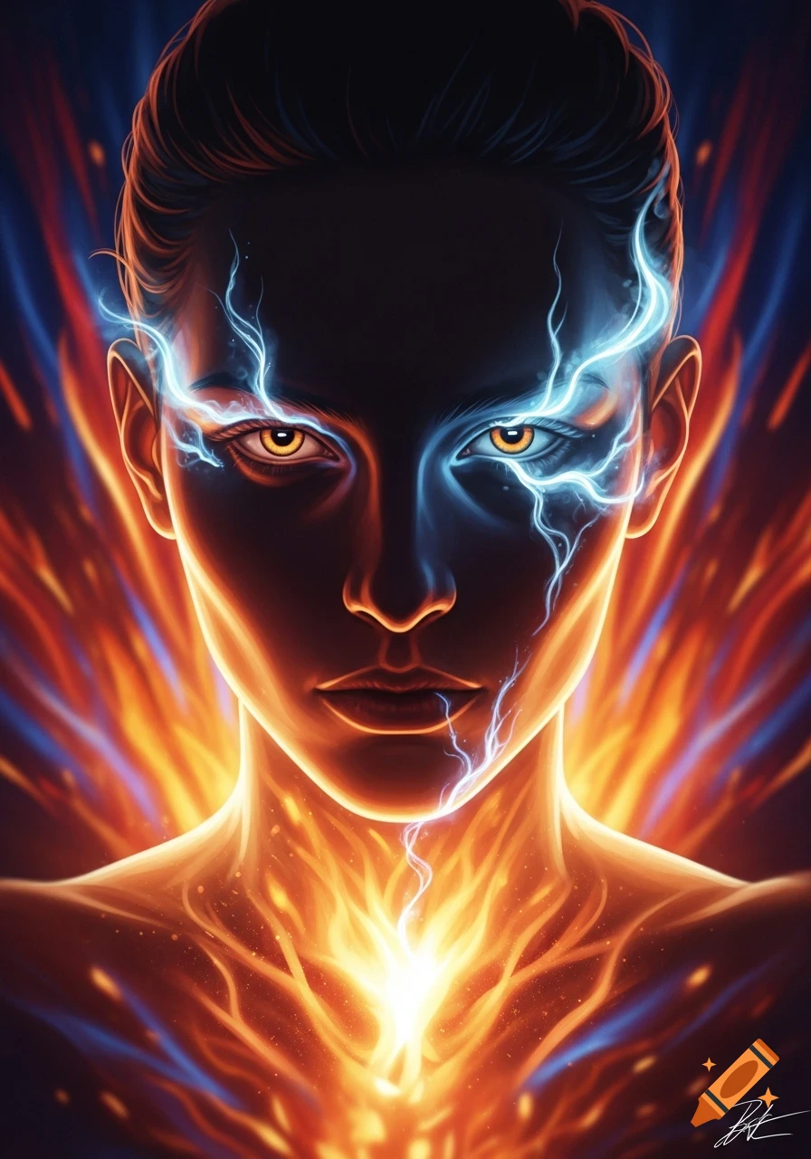 Close-up of a person's face bathed in fiery orange and blue lightning, with glowing eyes and energy radiating from the chest in a digital art style.