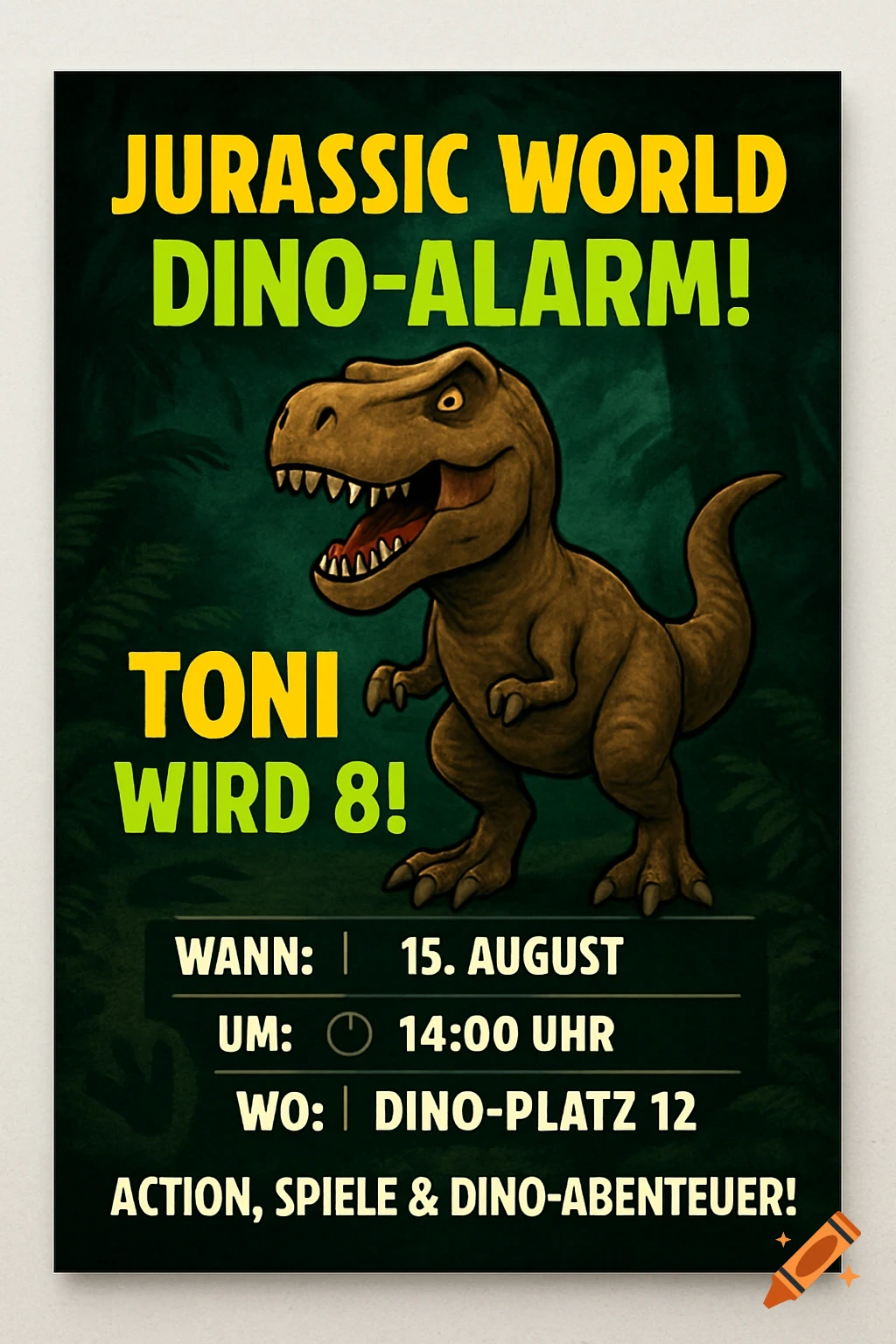 A Jurassic World-themed birthday invitation for Toni's 8th birthday, featuring a cartoon T-Rex in a jungle.