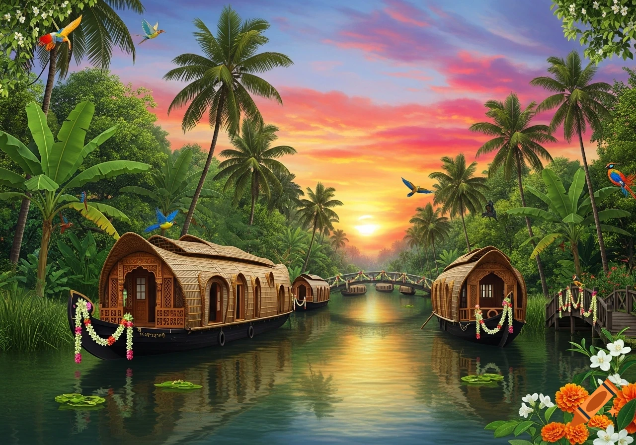 Idyllic tropical landscape at sunset with houseboats on a river, surrounded by lush palm trees and colorful birds.