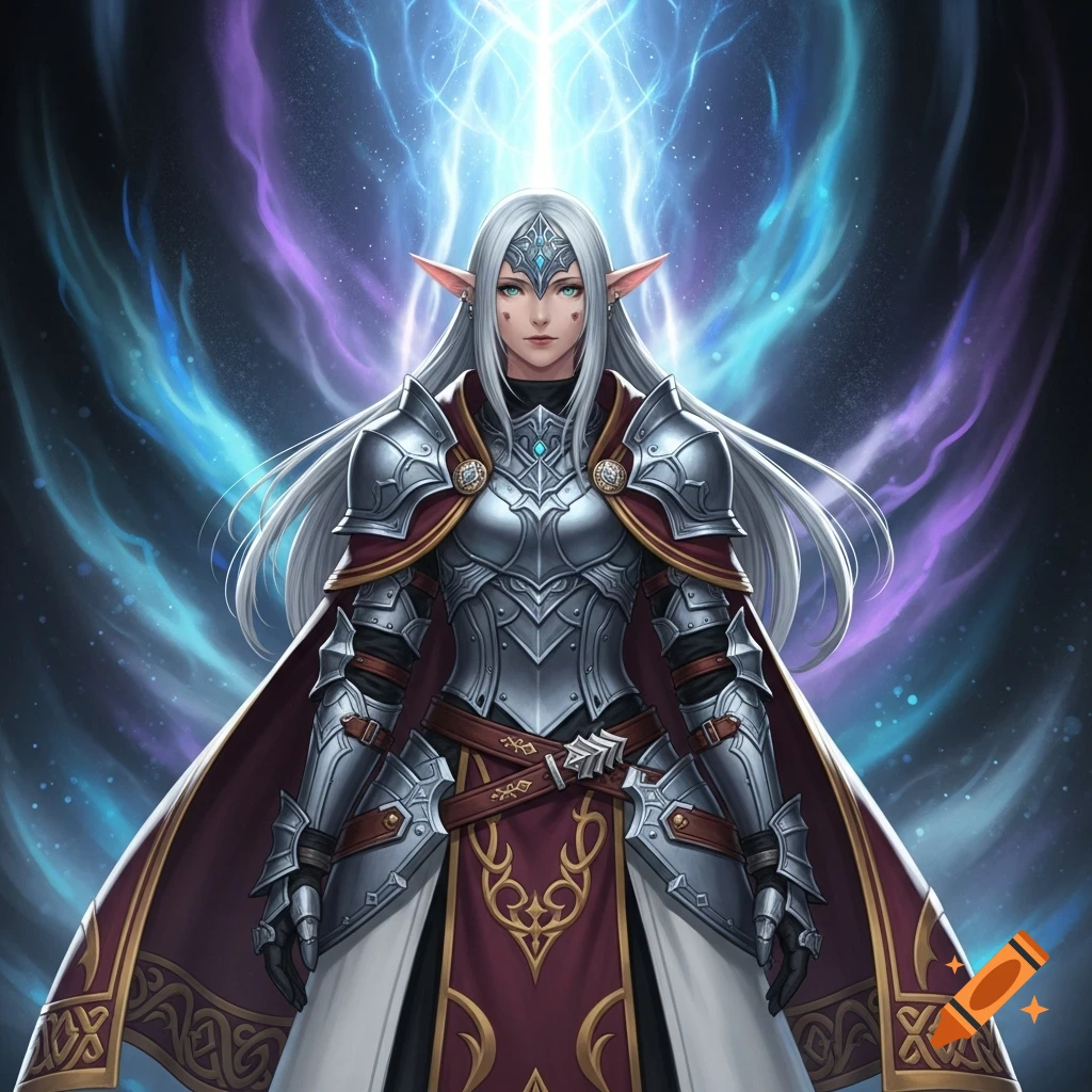 A full-body portrait of an elf warrior with long white hair, green eyes, and pointed ears, wearing ornate silver armor, a red cape, and a white tunic with gold trim, standing against a cosmic background with blue and purple energy and a bright light above.