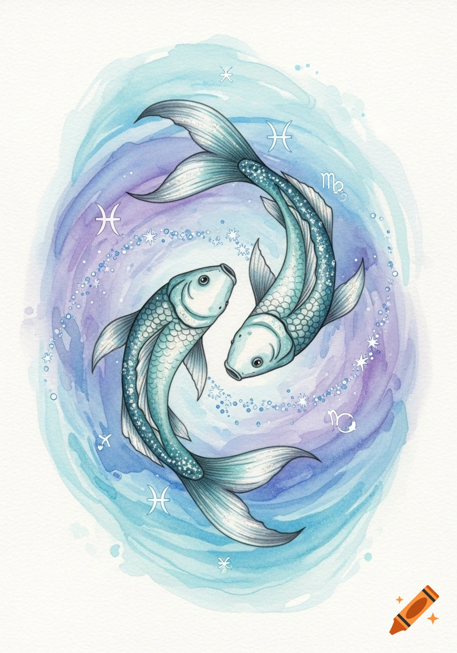 Two stylized turquoise fish form a circle, surrounded by blue and purple watercolor swirls and sparkling stars, with several white zodiac symbols.