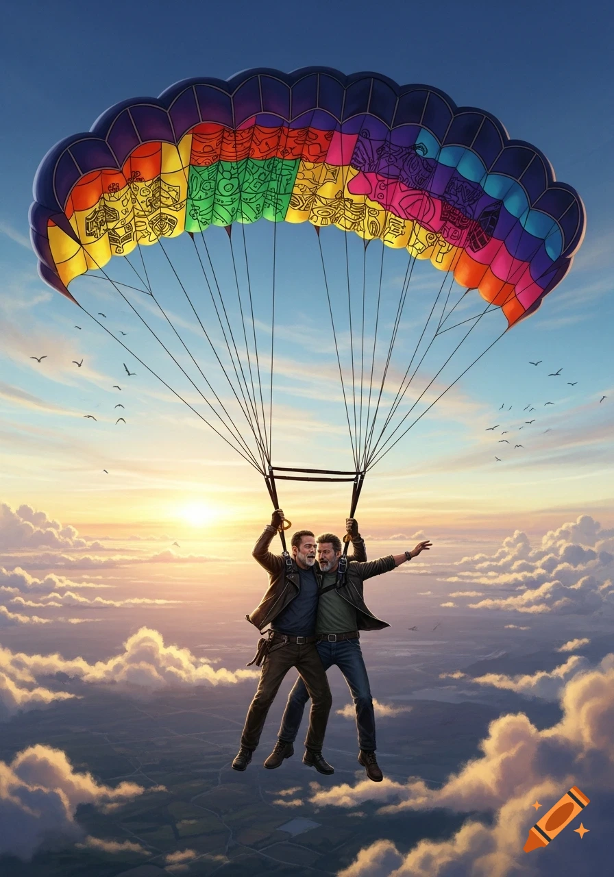 Two men parachute skydiving above clouds at sunset, with a vibrant, patterned parachute, in a fantastical art style.