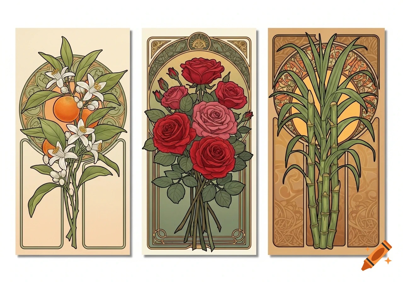 Three Art Nouveau style botanical illustrations featuring orange blossoms, a bouquet of red and pink roses, and sugarcane stalks.