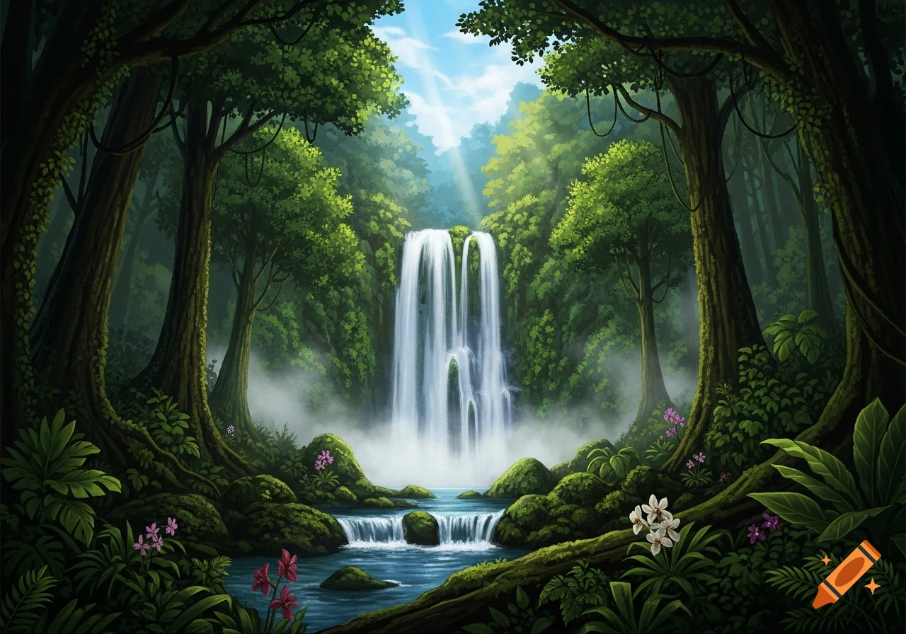 A lush, vibrant jungle scene with tall trees, a majestic waterfall, a blue river, and colorful flowers.