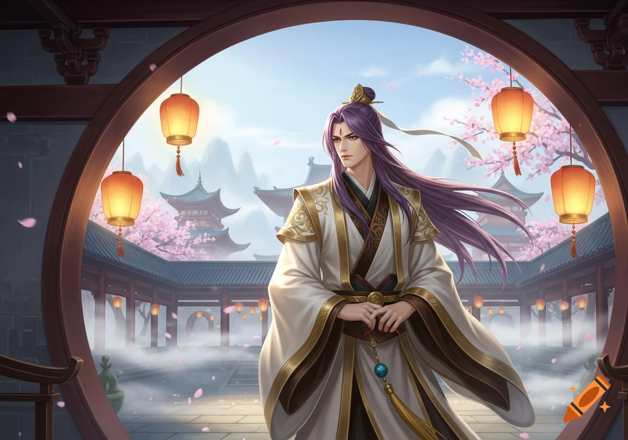 Anime man with long purple hair in ancient Chinese attire in a courtyard with cherry blossoms and lanterns.