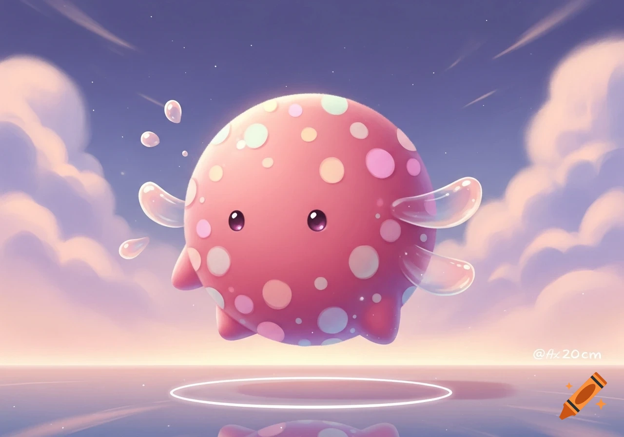 A cute, round pink creature with colorful polka dots and clear fins floats above calm water reflecting the pastel sky and clouds.