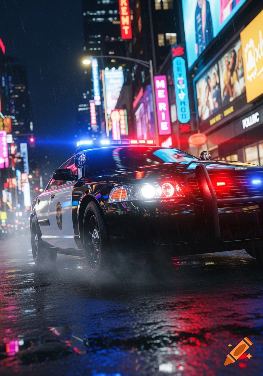 A police car with flashing red and blue lights sits on a wet city street at night, reflecting neon signs from towering buildings in the background. Rain streaks through the air, creating a moody, dramatic atmosphere.