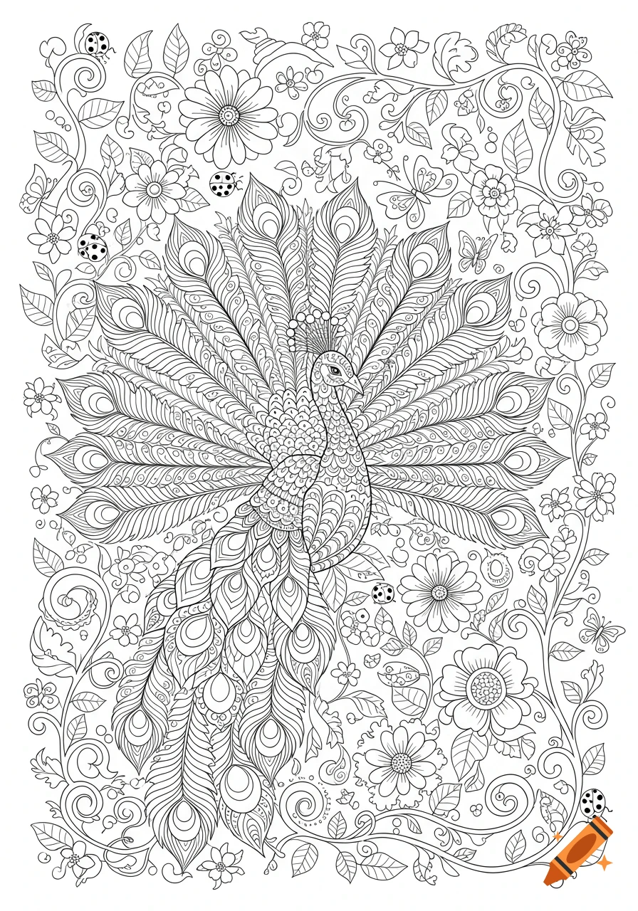 Detailed black and white coloring page featuring a peacock with fanned tail feathers, surrounded by flowers, vines, butterflies, and ladybugs.