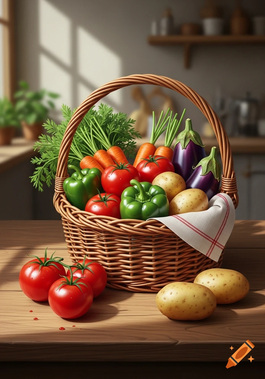 A brown woven basket overflowing with fresh red tomatoes, green bell peppers, carrots, purple eggplants, and potatoes on a wooden kitchen table.
