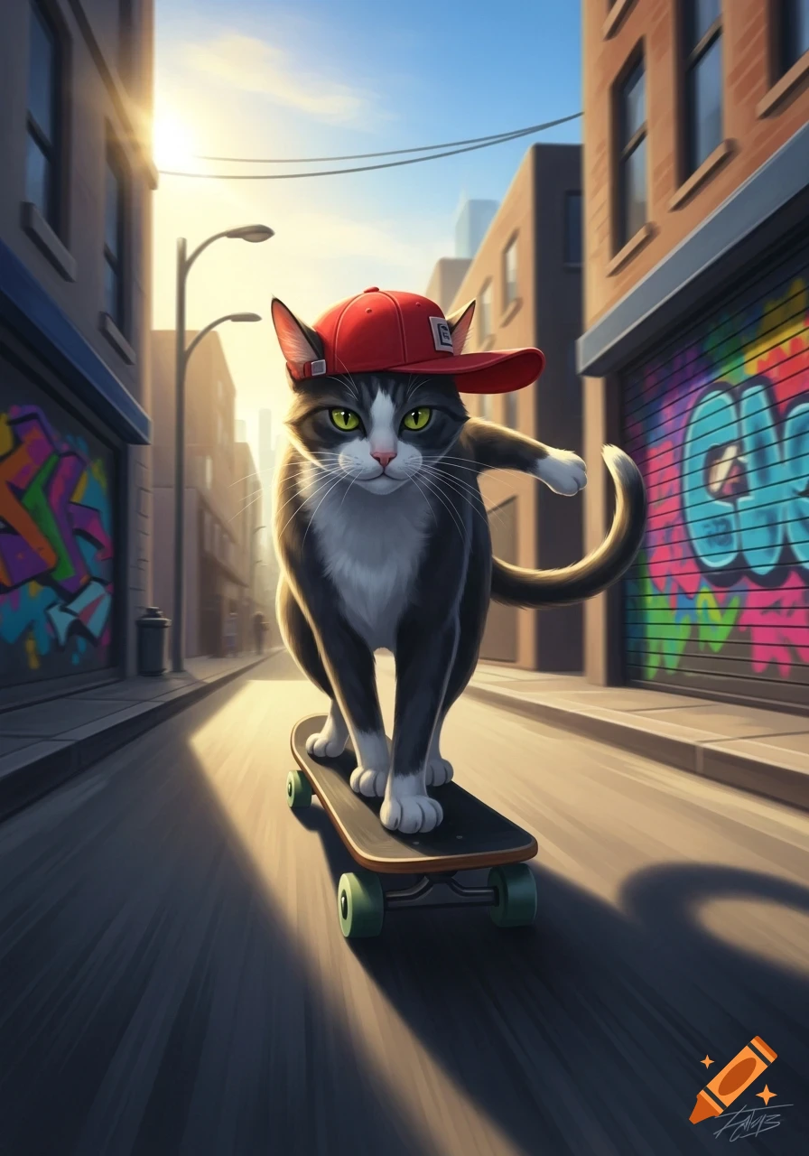 A stylized cartoon cat wearing a red backward baseball cap, skateboarding down an urban street lined with buildings covered in colorful graffiti.