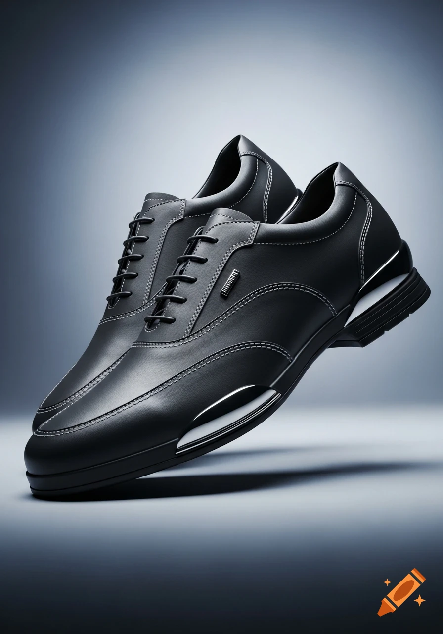 A pair of sleek black leather men's dress shoes with white stitching, floating against a gradient gray background, product shot.