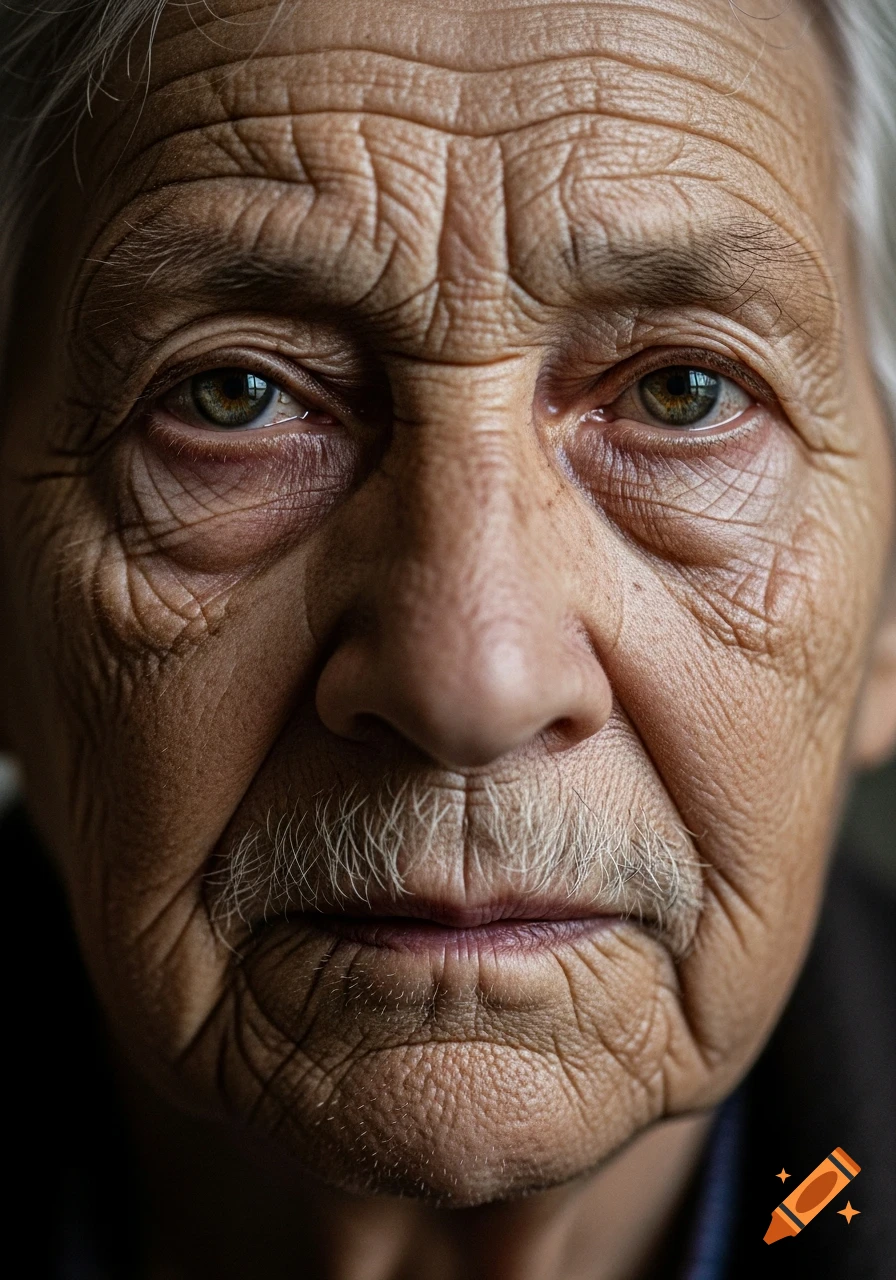 Photorealistic close-up portrait of an elderly person's face, detailed with deep wrinkles and a white mustache.