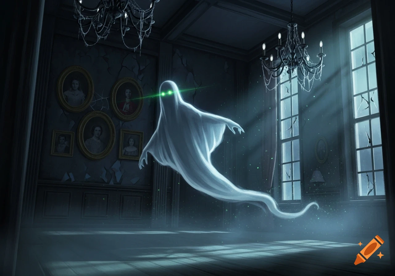 A white spectral ghost with glowing green eyes floats in a dimly lit, dilapidated room with broken windows and chandeliers.