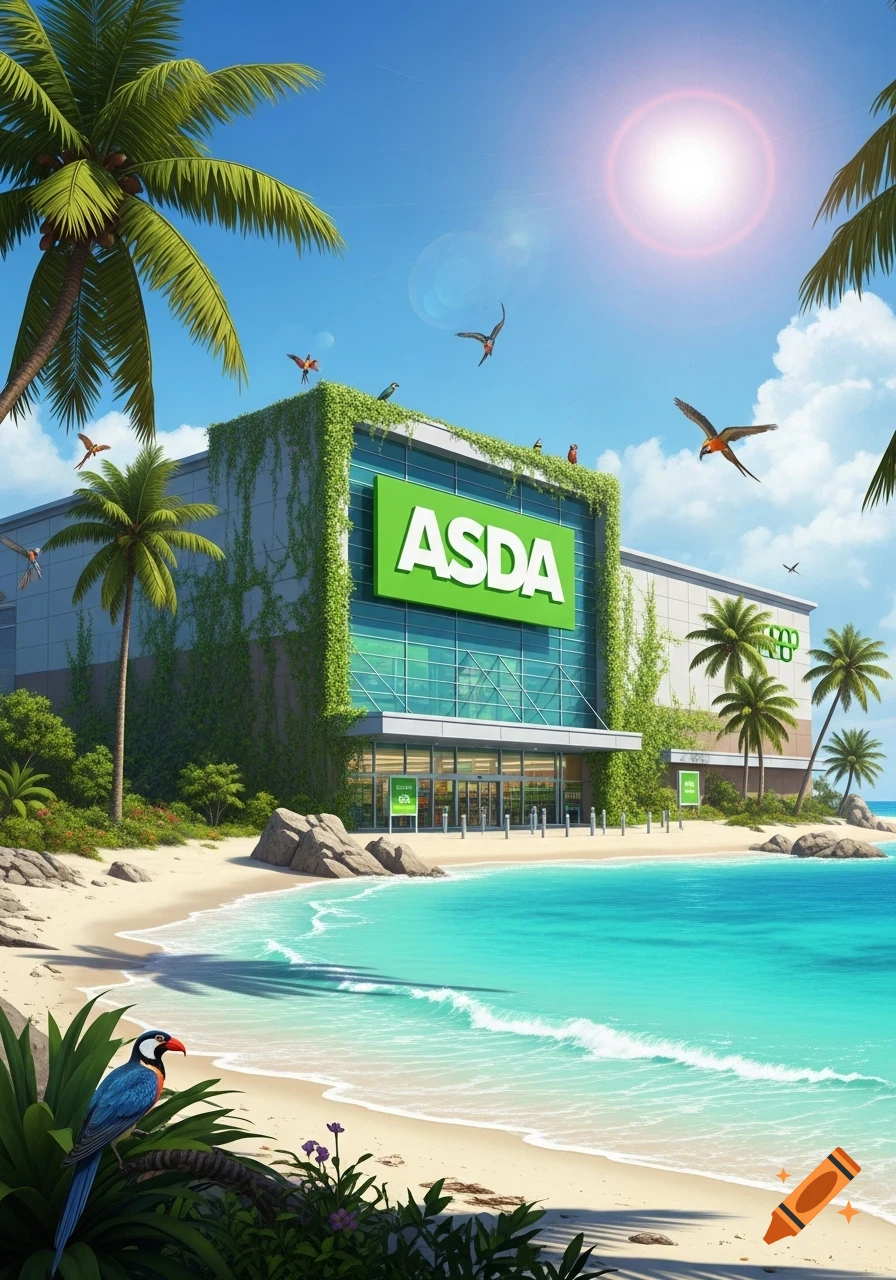 A vibrant ASDA supermarket on a tropical beach with turquoise water, palm trees, and colorful birds under a sunny sky.