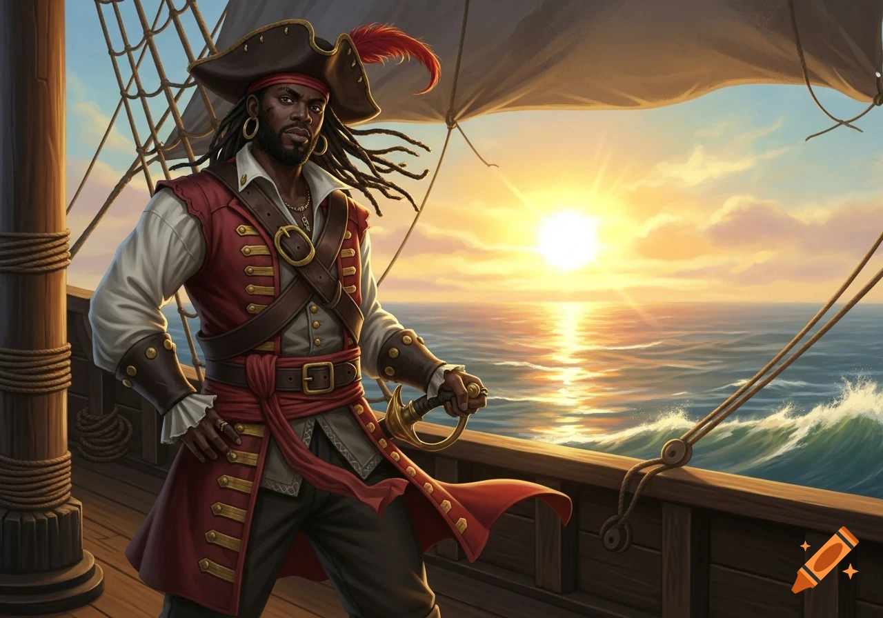 A detailed illustration of a dark-skinned male pirate with dreadlocks, wearing a red coat and tricorn hat, holding a cutlass on a ship's deck at sunset.