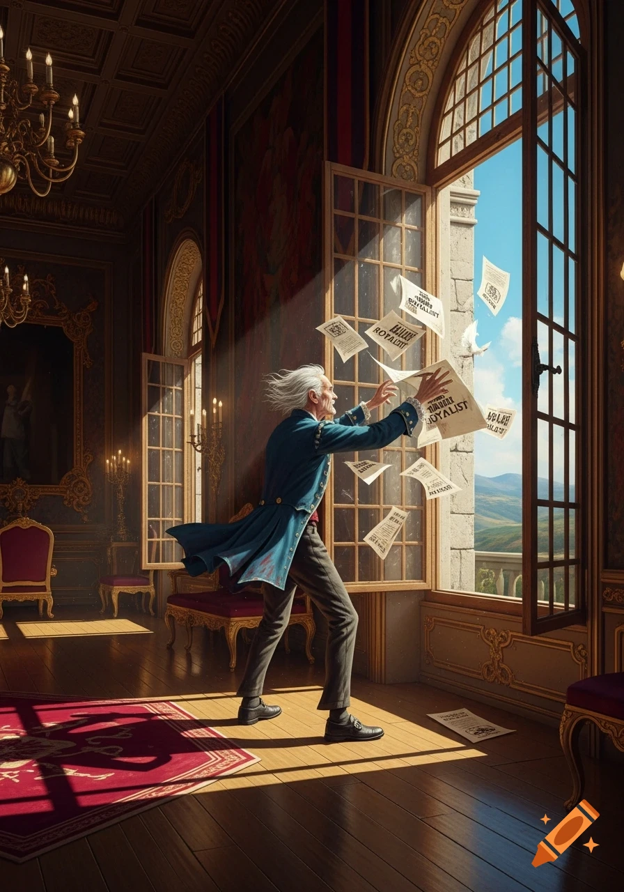 A man in a blue historical coat throws papers out of a large window in a grand, ornate room, with some papers reading "ROYALIST".