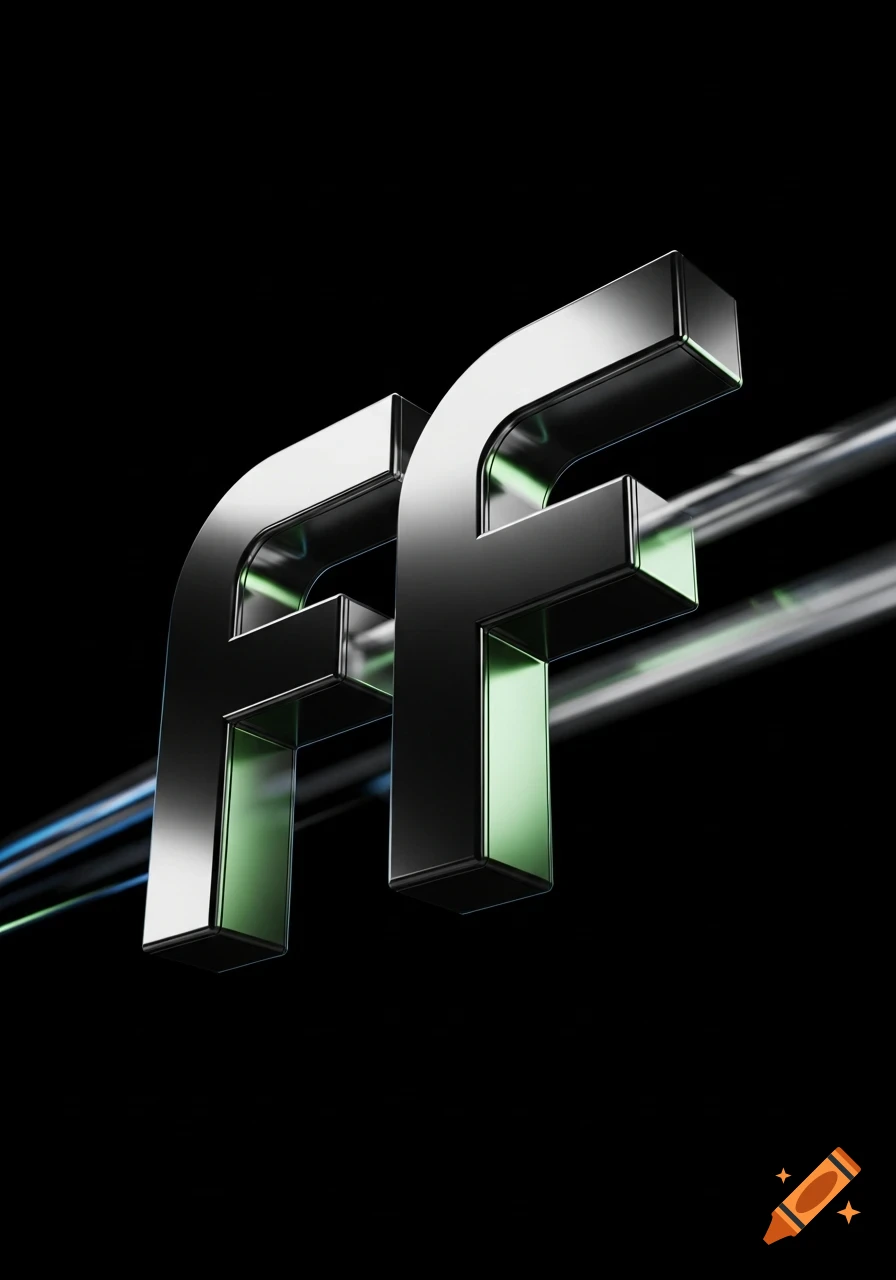 Two shiny metallic 3D letters 'ff' with green highlights on a dark background, with blurry light streaks.
