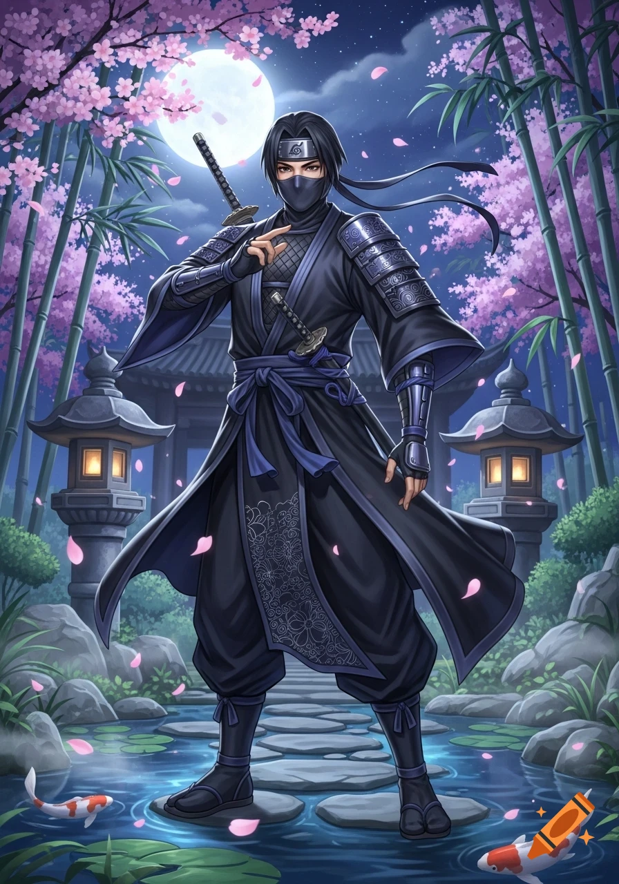 A ninja in black and blue attire stands in a moonlit Japanese garden with cherry blossoms, bamboo, lanterns, and koi fish.