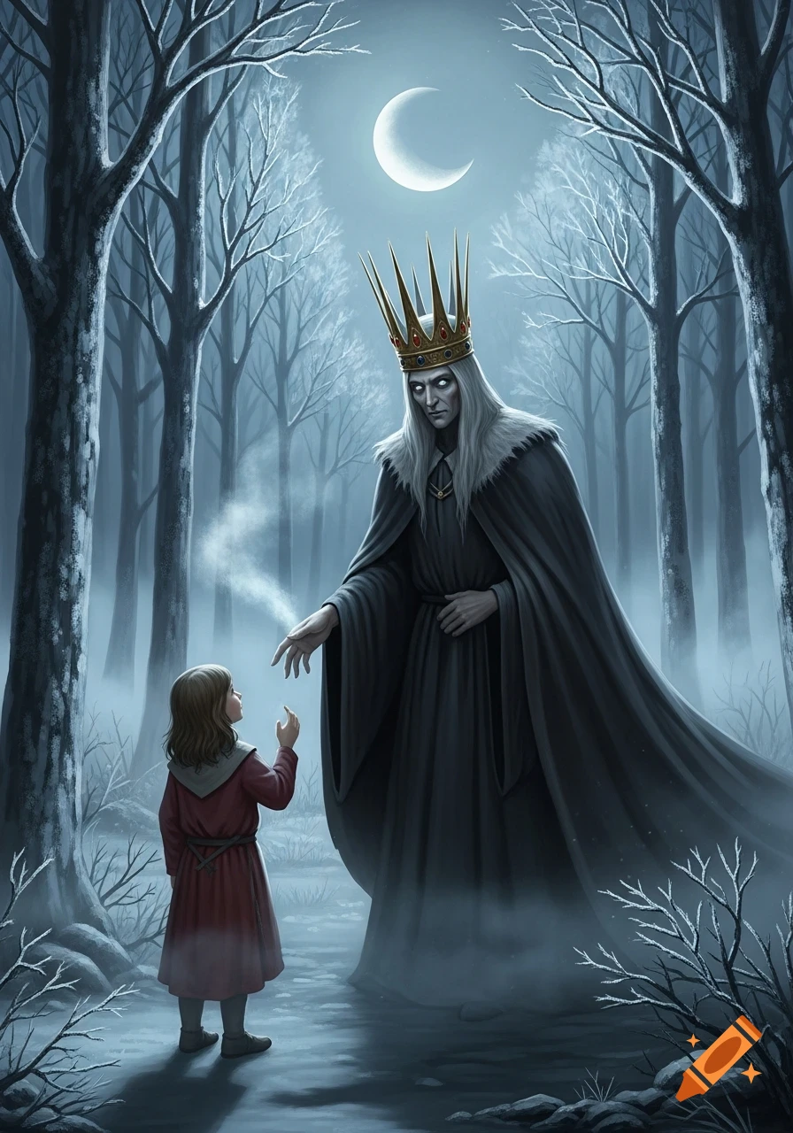 A pale, crowned Erlking with white hair extends a glowing hand to a small child in a dark, misty forest under a crescent moon.