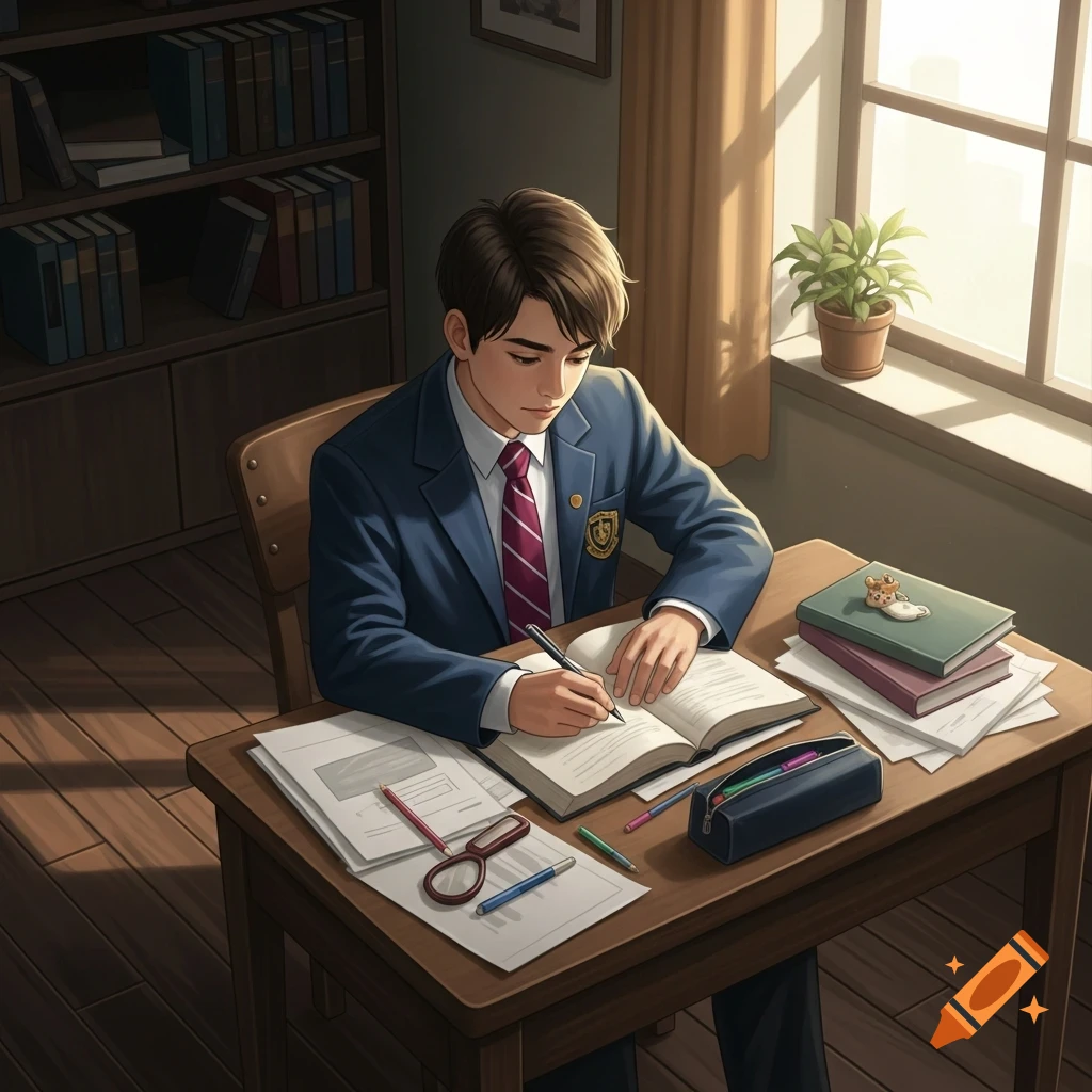 An anime-style young male student in a uniform studies at a wooden desk filled with books, papers, and pens, bathed in sunlight from a nearby window.