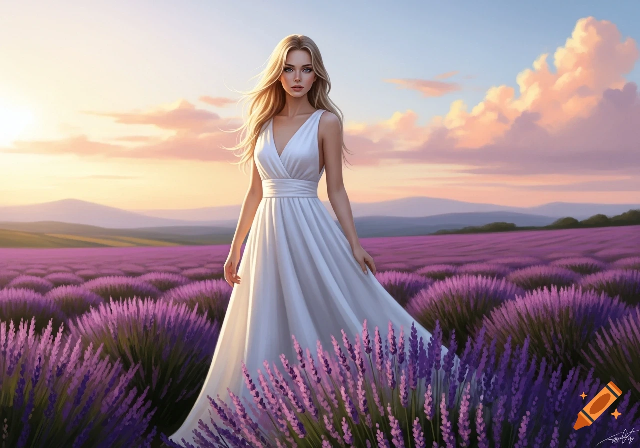 A blonde woman in a flowing white dress stands in a vast field of ...