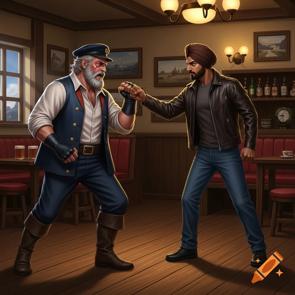 Two men in a pub. An older, bearded man in a captain's hat and blue vest with a bruised face is in a fighting stance with a younger man in a brown turban and leather jacket.