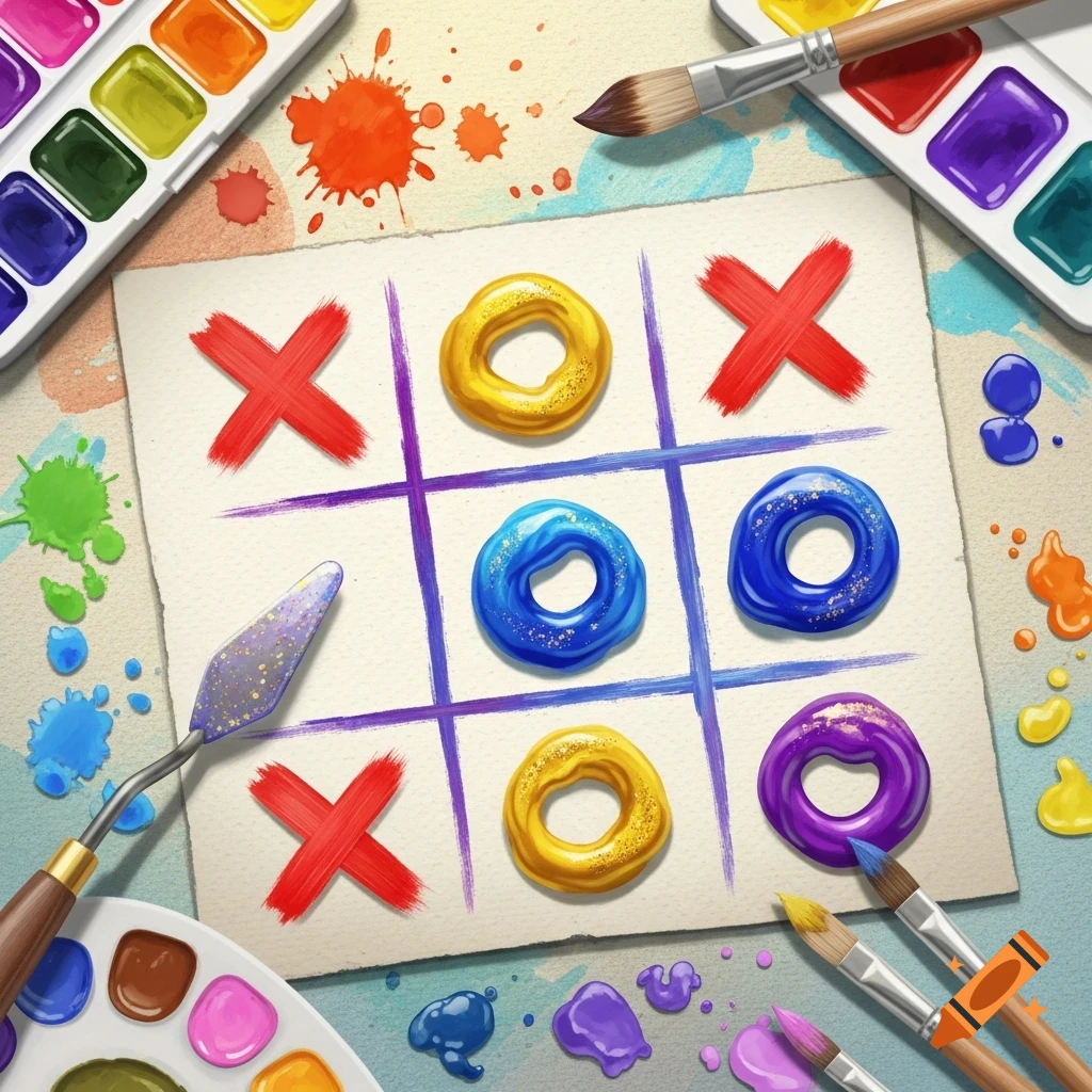 A vibrant watercolor painting of a tic-tac-toe game with X and O pieces made of paint, surrounded by various art supplies.