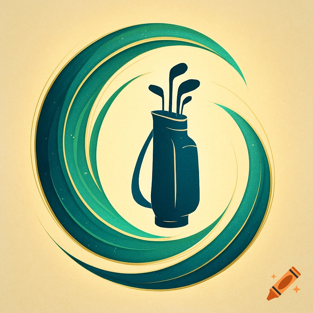 A stylized golf logo with a dark teal golf bag and clubs encircled by swirling green shapes on a beige background.