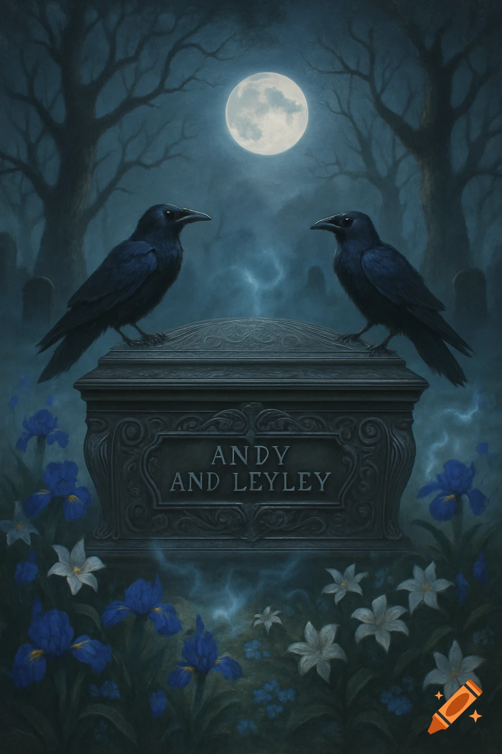 A dark, moody illustration of two crows perched on an ornate coffin in a moonlit graveyard with blue and white flowers.