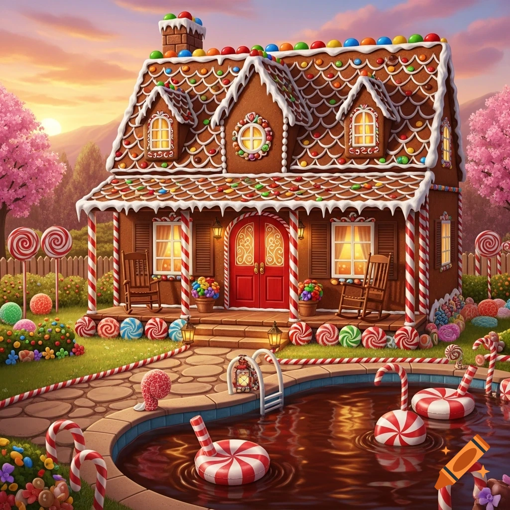 A whimsical gingerbread house with candy decorations, a chocolate pool, peppermint floats, and a garden of candy canes and gumdrops under a colorful sunset.