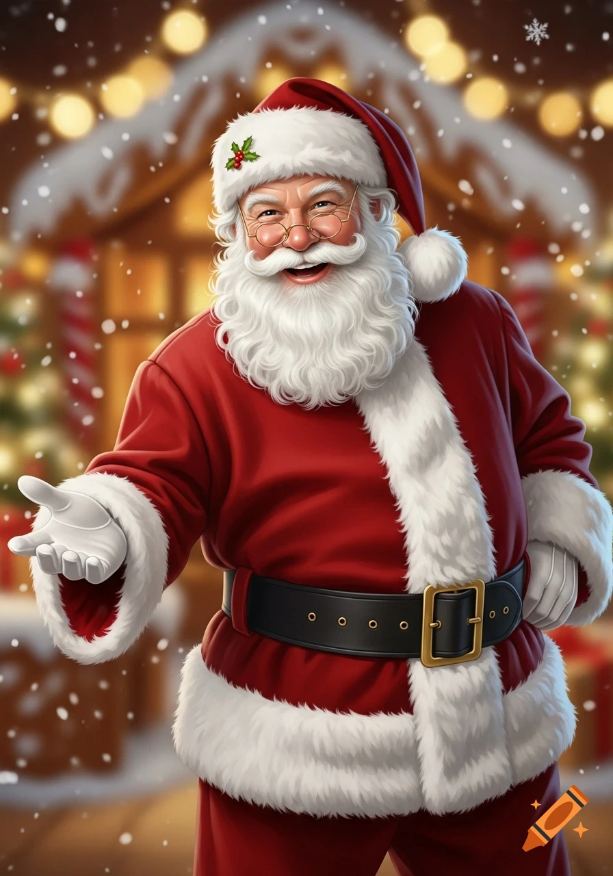 Smiling Santa Claus in a snowy Christmas market, gesturing with an open hand.
