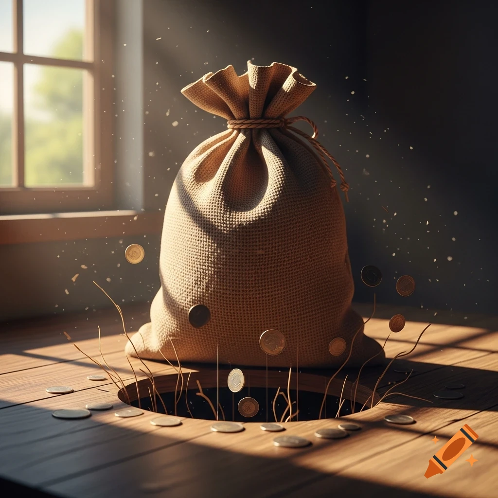 A burlap money bag stands on a wooden table with coins falling into a dark hole, illuminated by sunlight from a window.