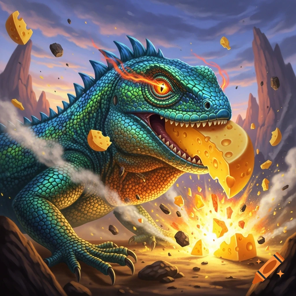 A huge, scaly blue-green lizard with glowing orange eyes devours a large wheel of cheese that explodes into smaller pieces, set in a dramatic fantasy landscape.