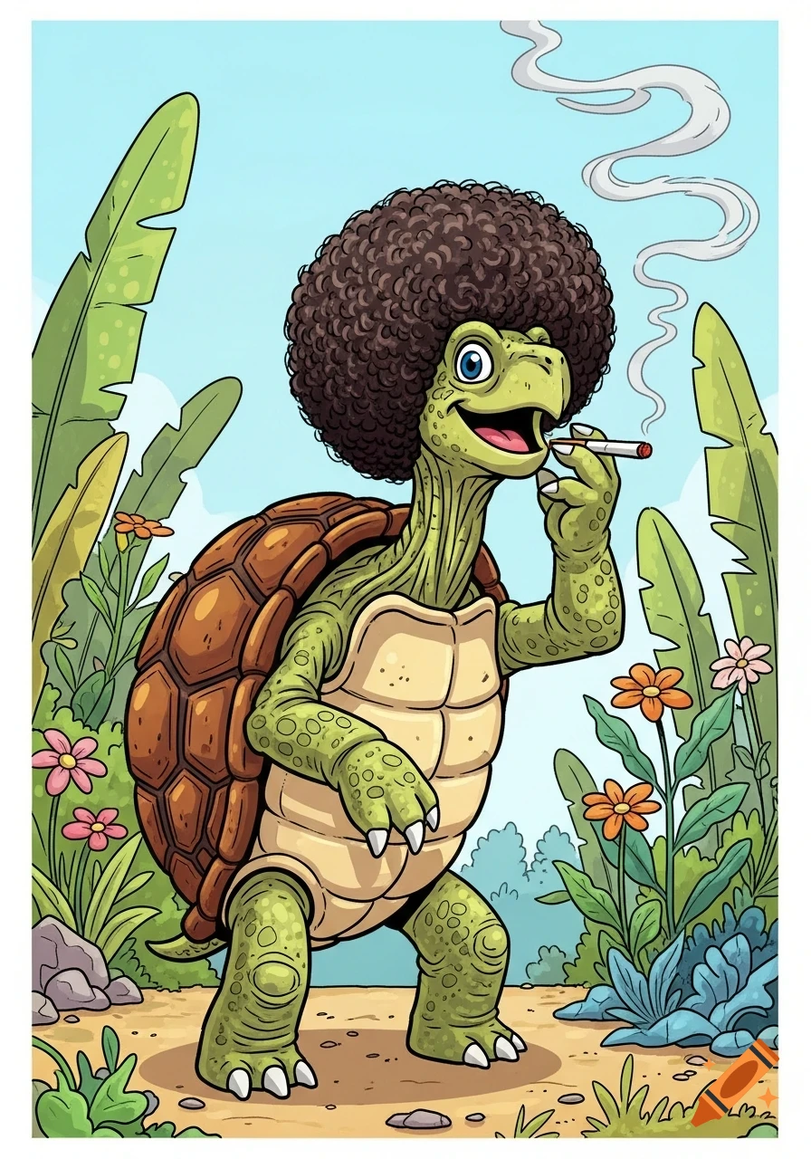 A cartoon turtle with a large afro stands on two legs in a jungle setting, smiling and smoking a cigarette, in comic style.