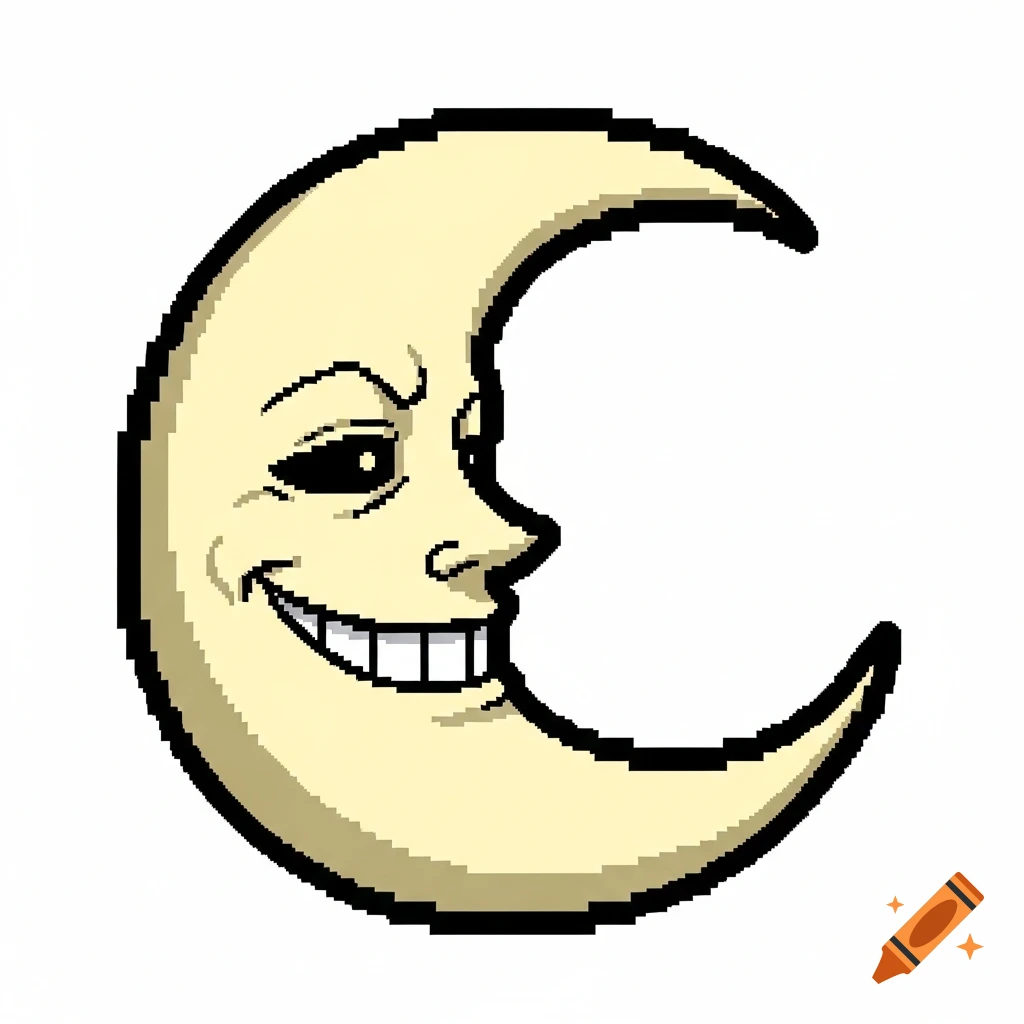A pixel art crescent moon with a grinning face in the style of Soul Eater, set against a white background.