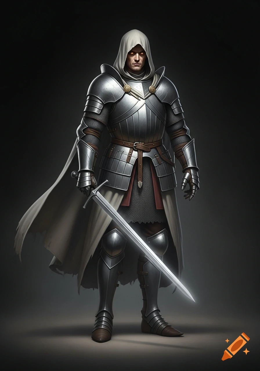A tall figure in shining silver armor and a white hooded cloak, with glowing red eyes, holds a glowing sword.