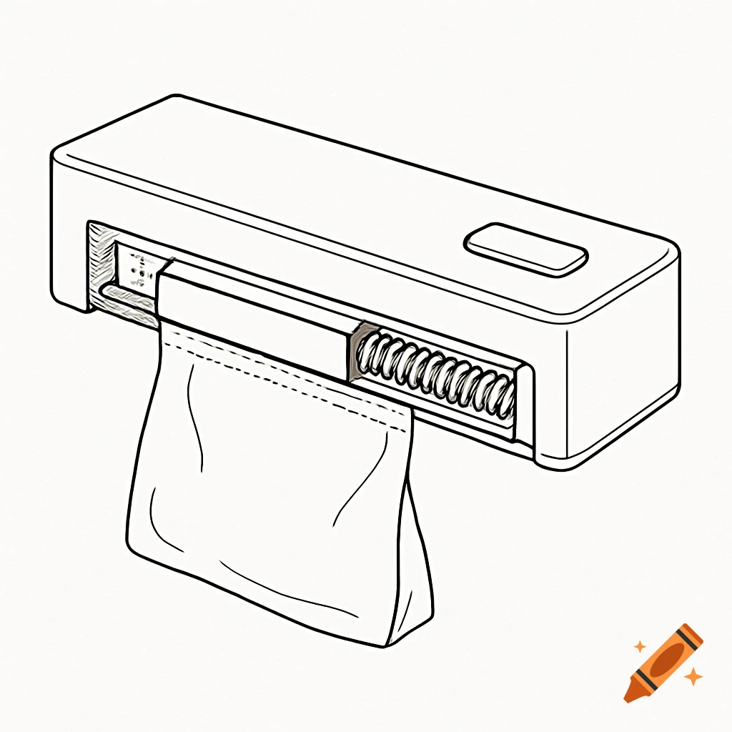 A minimalist patent-style technical illustration shows a rectangular device sealing a plastic bag with an internal sliding mechanism and spring.