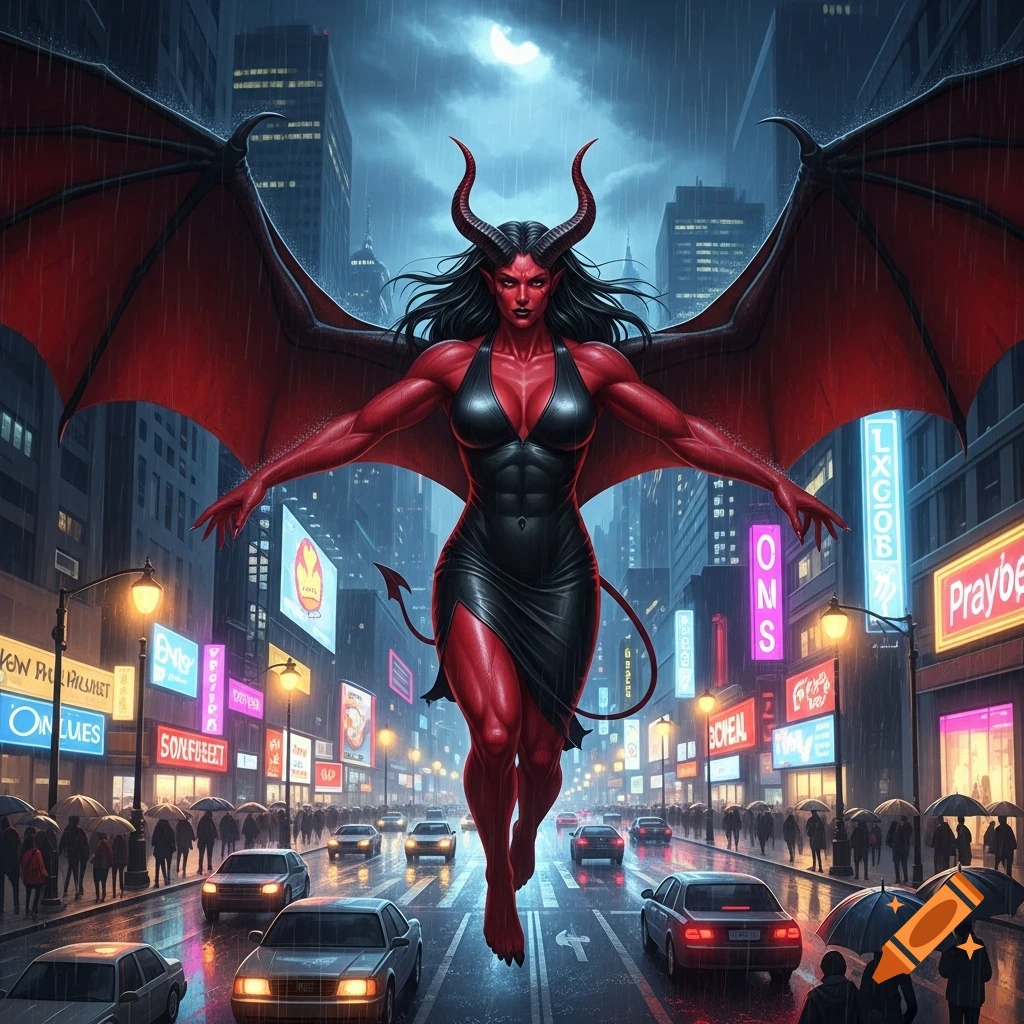 A muscular red-skinned demoness with large red wings, horns, and a black dress glides above a rainy city street at night, with cars and people below.
