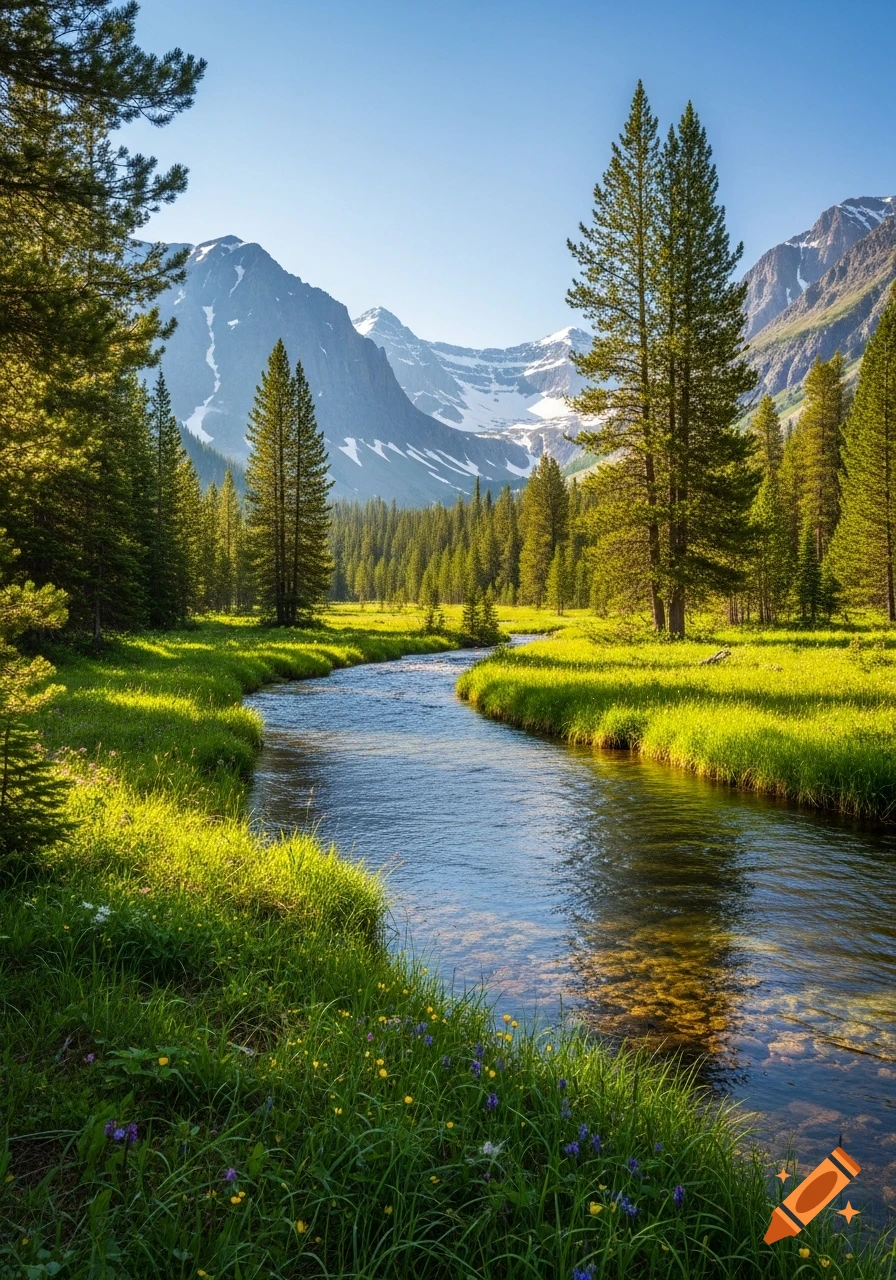 A serene river flows through a lush green valley with tall pine trees ...