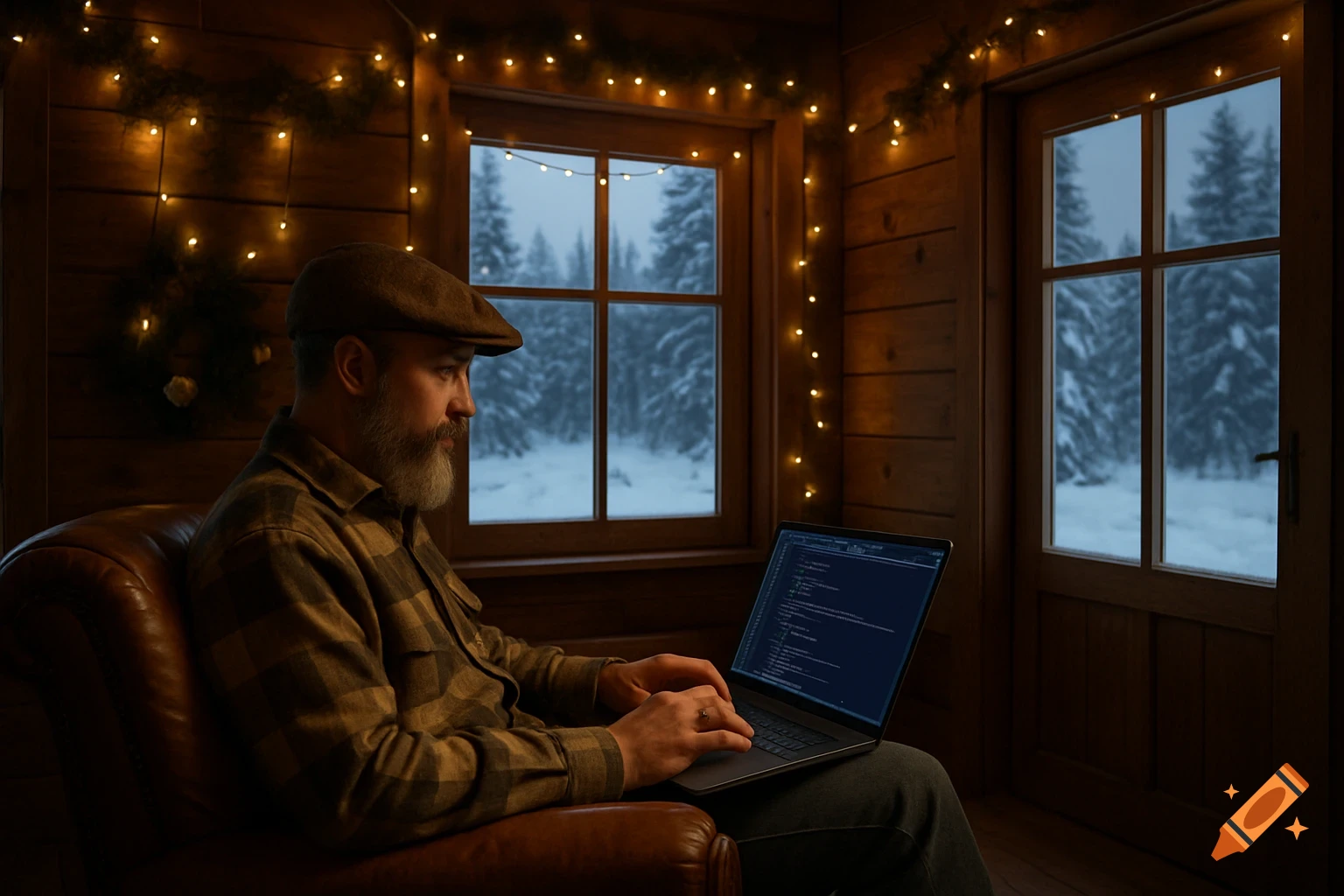A man with a beard and flat cap works on a laptop in a cozy wooden cabin decorated with string lights, looking out a window at a snowy forest.