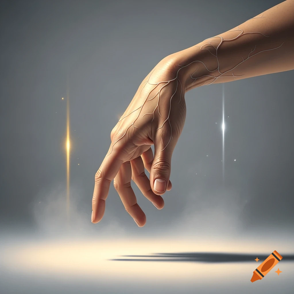 A human hand with prominent, intricate white veins branches across the skin, set against a smoky gray background with glowing light effects.