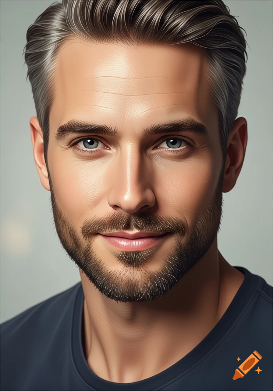 Close-up portrait of a smiling man with salt-and-pepper hair, beard, and blue eyes, against a soft background.