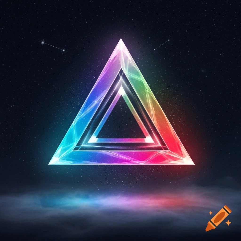 A glowing, crystalline triangle in rainbow colors floats in a starry space above colorful mist.