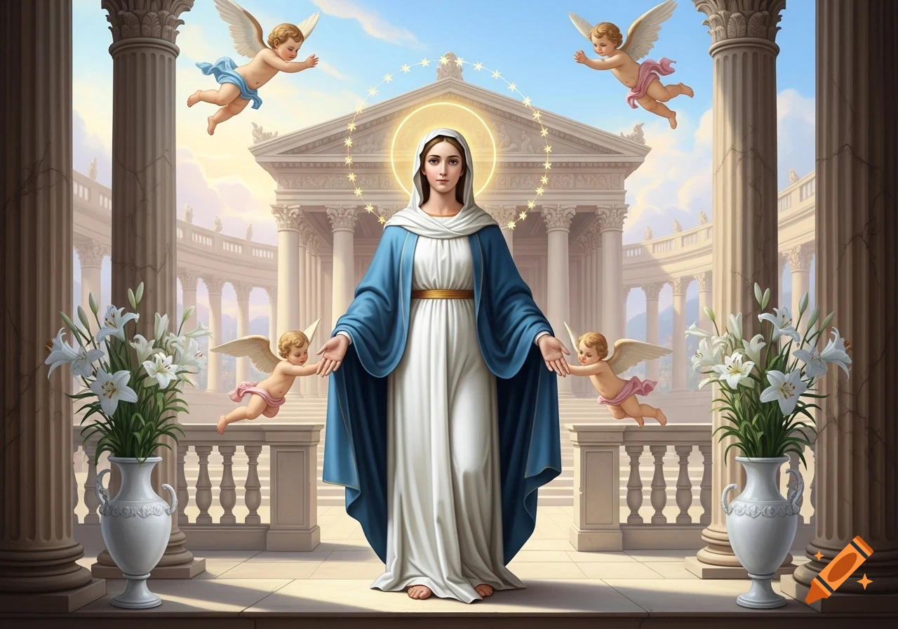 The Virgin Mary in blue and white robes stands before a classical temple with cherubs and lilies.