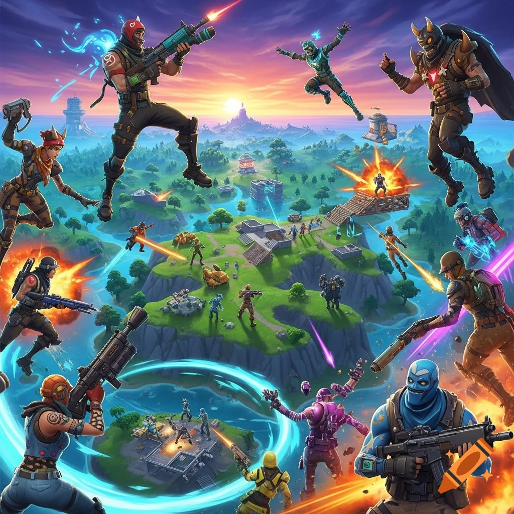 Vibrant, stylized image of multiple Fortnite characters in battle across an island landscape under a sunset sky.