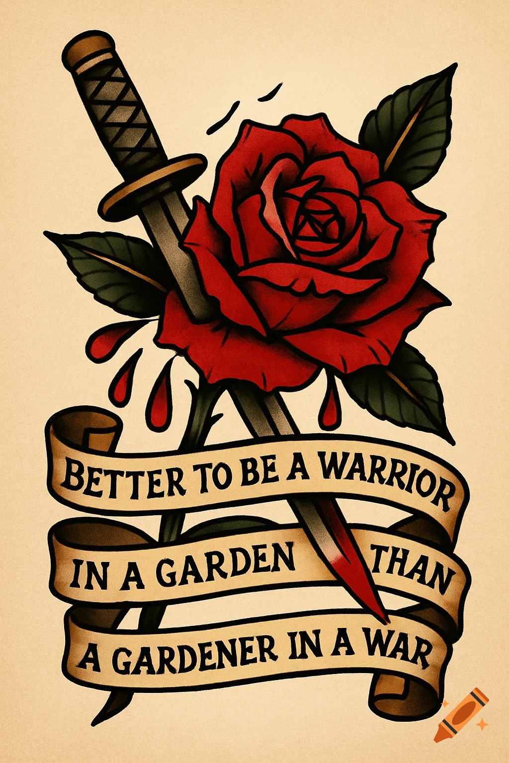 An American Traditional tattoo-style illustration of a red rose pierced by a wakizashi dagger, with blood drops. A banner reads: Better To Be A Warrior In A Garden Than A Gardener In A War.