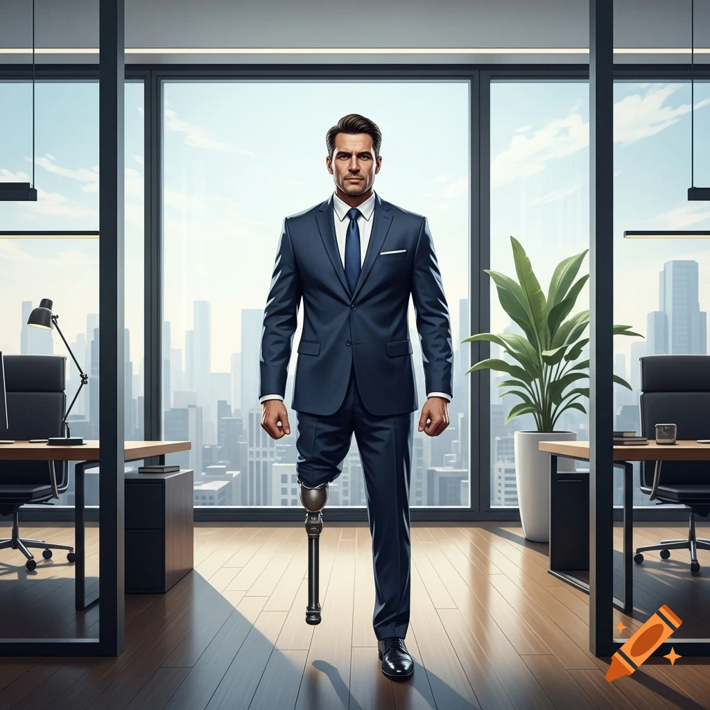 Photorealistic portrait of a corporate man in a blue suit, standing in an office with a prosthetic leg and a city skyline view.
