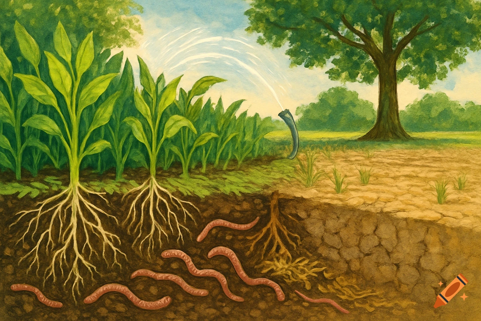 A cross-section of soil shows plant roots and earthworms beneath green crops being watered by a sprinkler, with a tree in the distance, in a painterly style.