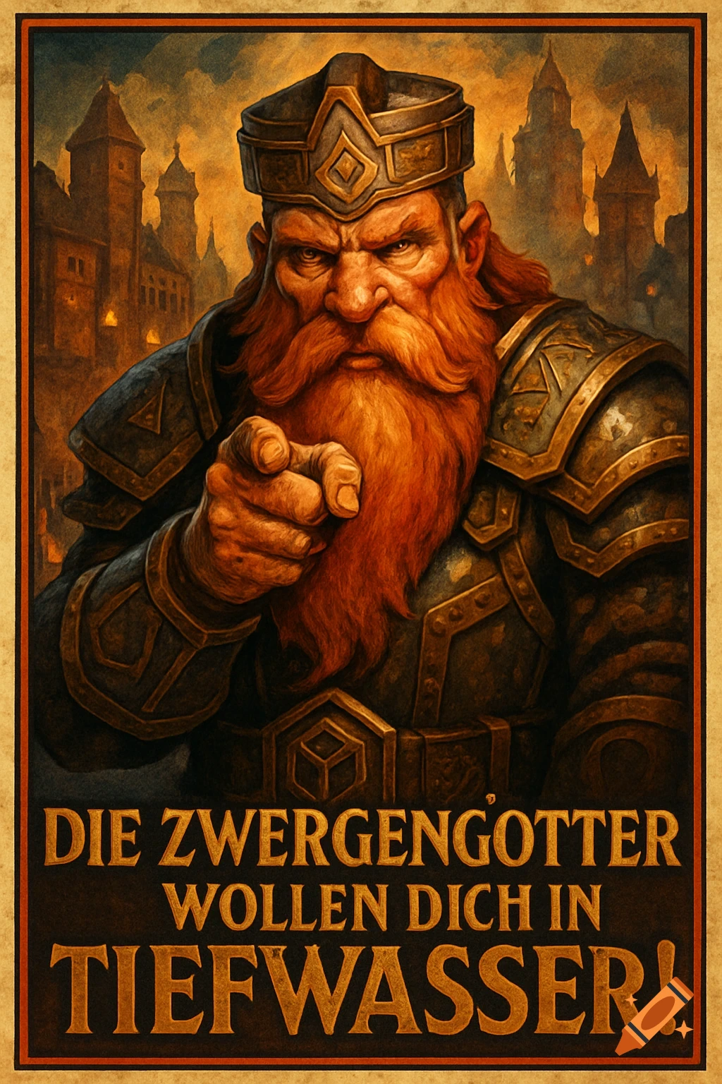A stern, red-bearded dwarf in a crown and armor points directly at the viewer in a fantasy recruitment poster, with a city skyline behind him.